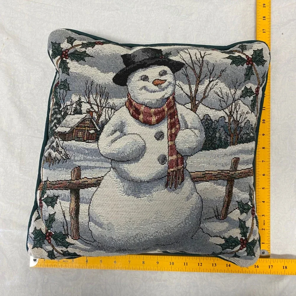 Vintage Christmas Snowman Tapestry Throw Pillow 15x15 Winter Cabin Holiday Decor